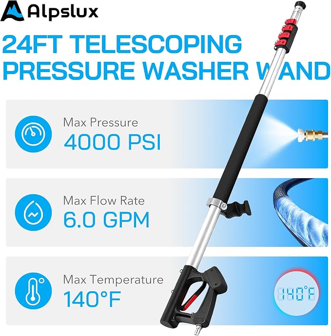 Gutter Cleaning Tools 24 FT Telescoping Pressure Washer 3 Extension Wands, Gutter Cleaner Attachment, Brush Head, 5 Spray Nozzle Tips, 3 Hose Adapters and Adjustable Support Belt