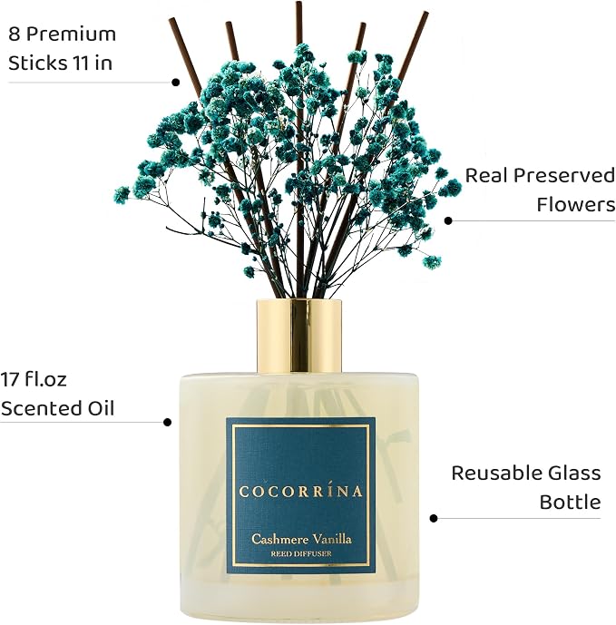 Reed Diffuser - Cashmere Vanilla 17 Fl.oz Reed Diffuser with 8 Sticks Scented Diffuser with Preserved Flowers for Bathroom Home Decor