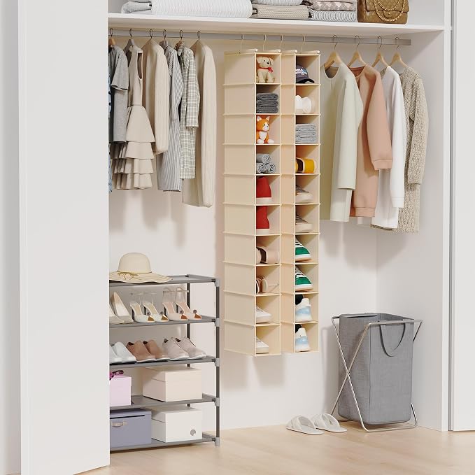 MAX Houser 10 Tier Foldable Hanging Shoe Organizer, Hanging Shoe Storage Shelf, Beige