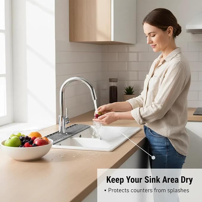 30 Inch Silicone Kitchen Sink Faucet Mat, Adjustable Waterproof Splash Guard Draining Mat Keep Countertops Dry (Black)