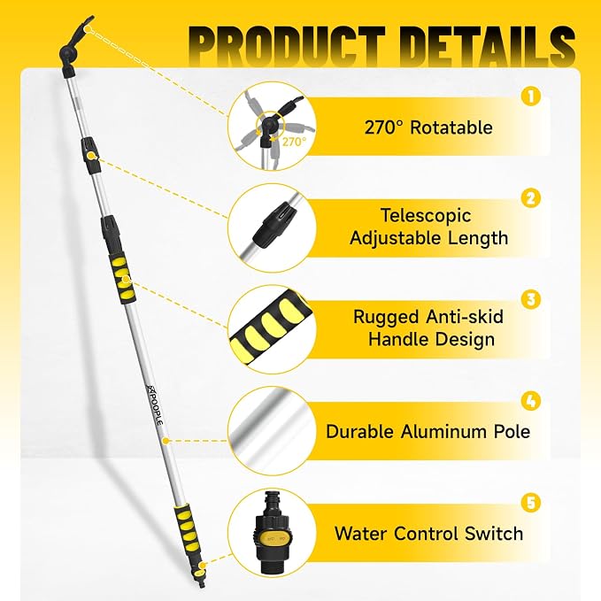 12ft (20ft Reach) Gutter Cleaning Tools from The Ground, Telescoping Rain Gutter Cleaner Tool, 270° Rotatable Gutters Cleaning Wand, Gutters Cleaning Hose Attachment & Connection Adapter