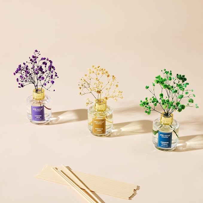 Reed Diffuser Set of 3, Cinnamon Vanilla Lavender Field Moroccan Amber Oil Reed Diffusers for Bedroom Living Room Office Aromatherapy Oil Reed Diffuser for Gift 50ml x 3