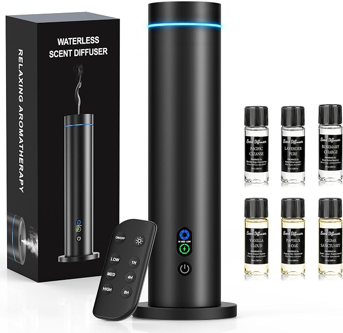 Waterless Essential Oil Diffuser, Metal Scent Diffuser, Black | Includes 6 essential oils, AC powered, 1000 sq.ft coverage for home, office & hotel, aluminum alloy body, remote control