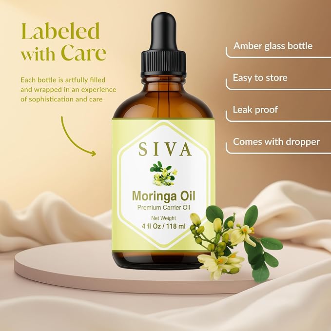 SIVA Moringa Carrier Oil, Glass Bottle with Dropper, 4 Fl Oz (118 ml) | Moringa Seed Oil for Face Care, Skin Care, Facial Oil, Hair Care, Scalp Massage, Body Massage, Dilution & DIY Beauty Blends