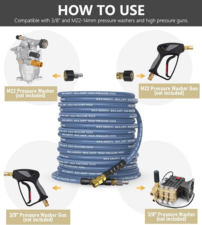 3/8" ID Pressure Washer Hose 100 ft, 4800 PSI Steel-Braided & Durable - Flexible & Kink-Resistant, Power Washer Hose with 3/8" Swivel Quick Connect, Hot/Cold Water Compatible -100 Foot, Navy