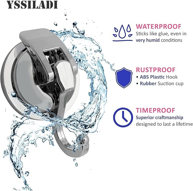 Suction Cup Hooks for Shower, 4 Pack, Bathroom, Kitchen, Glass Door, Mirror, Tile – Loofah, Towel, Coat, Bath Robe Hook Holder for Hanging – Waterproof Wreath Hanger