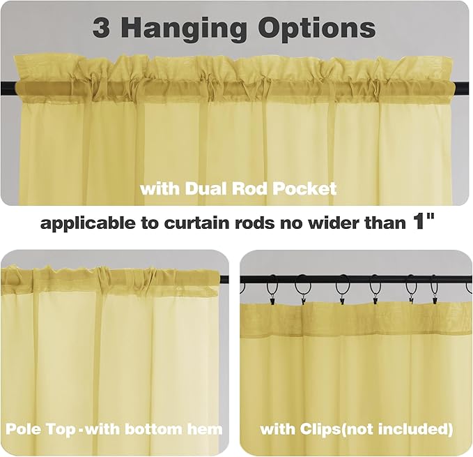Chyhomenyc Yellow Sheer Curtains 54 Inch Long 2 Panels, Light Filtering Rod Pocket Voile Short Curtains Drapes for Living Room Bedroom Small Windows, 42Wx45L Inches