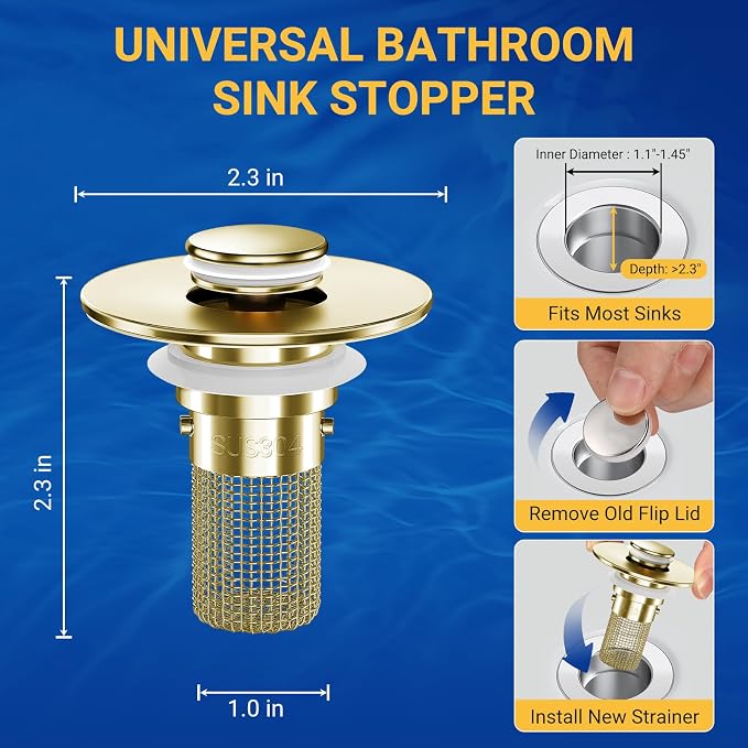 Bathroom Sink Drain Strainer, Pop-Up Bathroom Sink Stopper with Removable Stainless Steel Hair Catcher Basket, Universal Fit for US Bathroom Sinks, Showers & Floor Drains (1pcs-Gold)