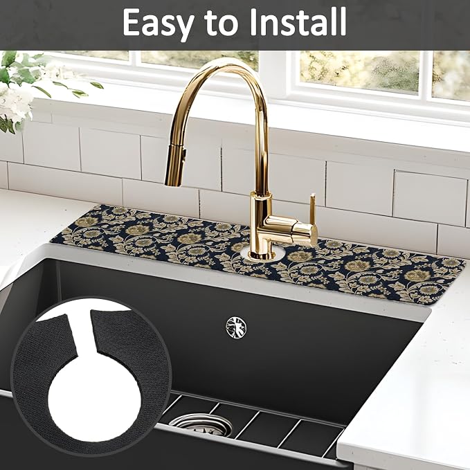 24" X 5.5" Kitchen Sink Splash Guard Faucet Mat Floral Flower Super Absorbent Fast Drying Faucet Guard & Draining Mat Sink Splash Guard Behind Faucet for Kitchen, Bathroom
