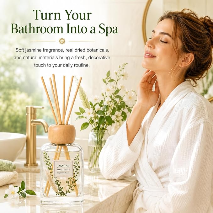 Jasmine Reed Diffuser, 3.4 Fl Oz | Floral Scent Fragrance Oil Lasts for 12 Weeks Air Fresheners for Bedroom, Bathroom, Living Room or Office; Gift-ready