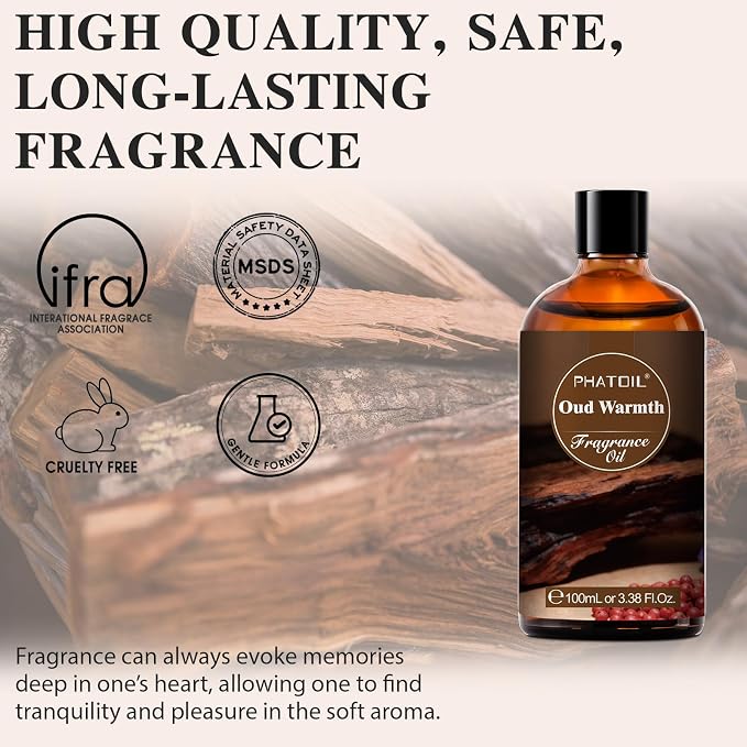 PHATOIL Oud Warmth Fragrance Oil for Diffuser Aromatherapy 3.38FL.OZ | Long Lasting Scented Oils For Humidifier, Air Freshener, DIY Soap Candle, Scent Project Making, Aroma Oil for Home Freshening