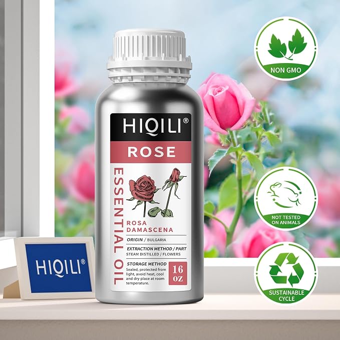 HIQILI Rose Essential Oil Large Capacity for Skin Care & Candle Making | Ideal for Perfume Blending, SPA Massage, Diffuser, Soap DIY, Oil Soluble, Soft Floral Scent - 500mL / 16 fl.oz