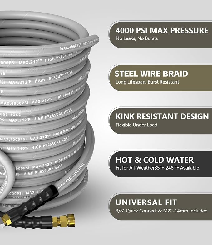 Pressure Washer Hose 75FT 4000 PSI, Kink Resistant Steel Braided Layer & NonMarking Rubber for Hot/Cold Water, High Power Washer Hose With 3/8 Inch Quick Connect & M22 Fitting, Gray