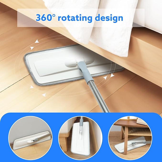 wlich Microfiber Floor Mop, 55" Extendable Flat Mop with 4 Reusable Pads | 360° Rotating Head, 4 Pads, 1 hook, 1 wall piece, and 1 scraper, Wet Dry Dust Mop for Bathroom Kitchen Floor,Ceramic Tiles
