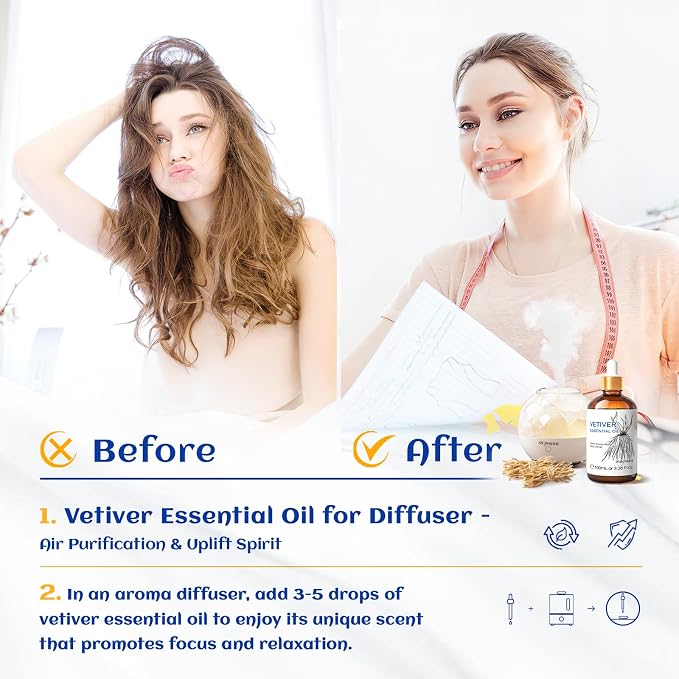 HIQILI Vetiver Essential Oil for Skin, Perfume, Aromatherapy | for Candle & Soap Making Scent, Add to Shampoo, Lip Balm, Unscented Lotion - 100 mL / 3.38 fl oz