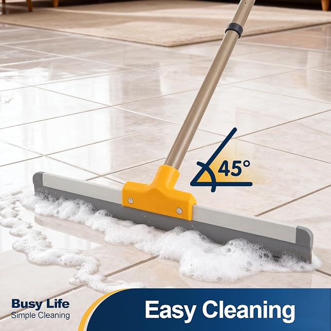 Yocada Rubber Floor Squeegee TPR Blade Scrubber Broom Shower Squeegee | Telescopic 54.5" for Garage Courtyard Concrete Shower Bathroom Floor Marble Tile Water Foam Pet Hair Removal Cleaning