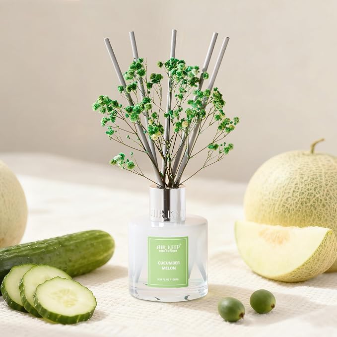 Reed Diffuser Set,3.38 fl oz (100 ml) - Cucumber Melon Oil Diffusers with 8 Reed Sticks, Home Fragrance Reed Diffuser for Bathroom Shelf Decor