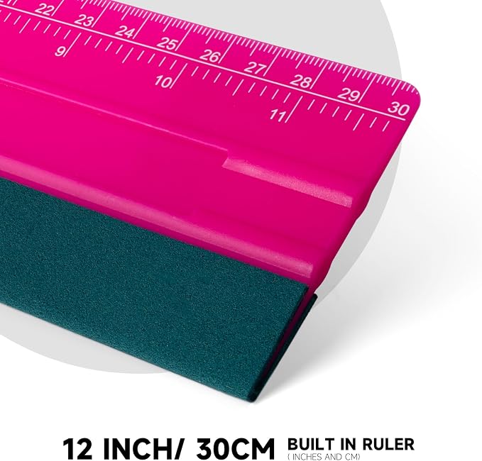 FOSHIO Professional Squeegee for Vinyl, Decals, Sticker Paper, Wallpaper, Window Film, Craft, Suede Felt Squeegee Smoothing Tool with Ruler, Pink (12 inches)