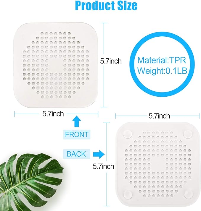 Square Drain Cover for Shower 5.7-inch TPR Drain Hair Catcher Flat Silicone Plug for Bathroom and Kitchen Grey/White Filter Shower Drain Protection Flat Strainer Stopper with Suction Cups (Grey+White)