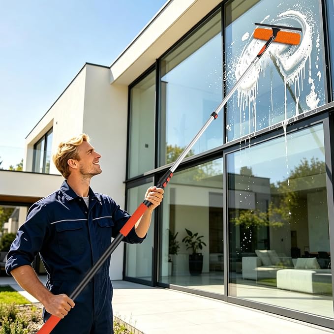 26FT Telescoping Window Squeegee Kit | 2-in-1 Window Washer & Microfiber Scrubber with Extension Pole | High Reach Cleaning Tool for Outdoor, Indoor Windows & Glass