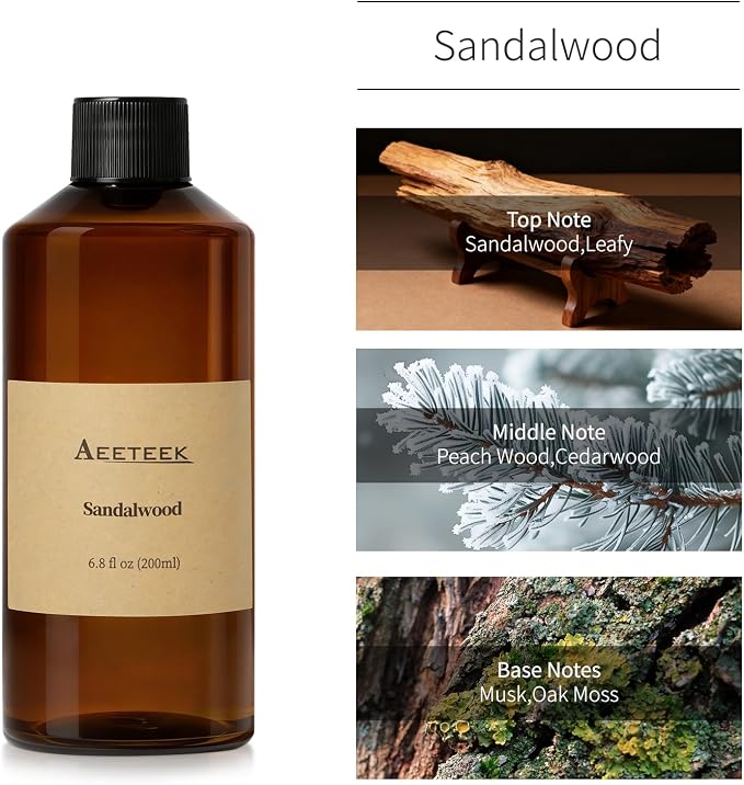 Sandalwood Reed Diffuser, Woody Essential Oil Refill | 6.8 Fl Oz (200ml) Scented Diffusers, Bathroom Air Freshener with Diffuser Sticks, Long-Lasting Fragrance for Home Decor