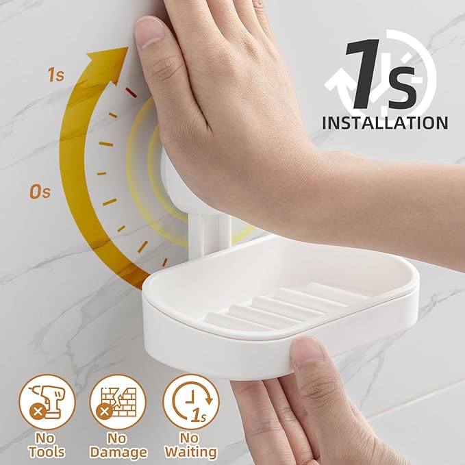 LEVERLOC Soap Dish Holder for Shower Suction Cup Wall Mounted Self Draining NO-Drilling Removable Bar Soap Sponge Holder for Bathroom Bathtub Kitchen Sink Waterproof Strong Vacuum Suction Adhesion