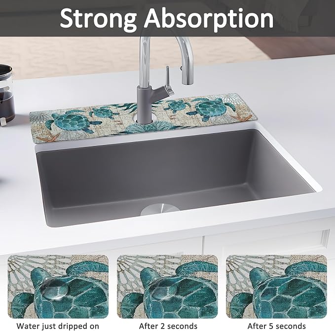 24" X 5.5" Kitchen Sink Splash Guard Faucet Mat Sea Turtles Super Absorbent Fast Drying Faucet Guard & Draining Mat Sink Splash Guard Behind Faucet for Kitchen, Bathroom