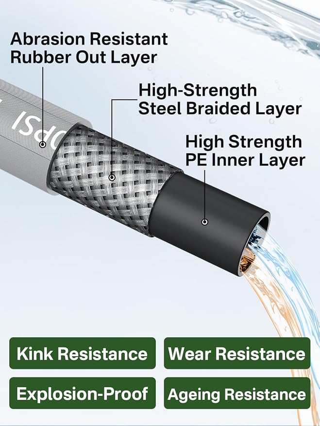 3/8" 4800PSI Pressure Washer Hose 25FT with Swivel Quick Connect for Cold/Hot Water Max 248°F, Kink Resistant Steel Wire Braided, Wear Resistant Power Washer Hose with M22 14mm Adapter