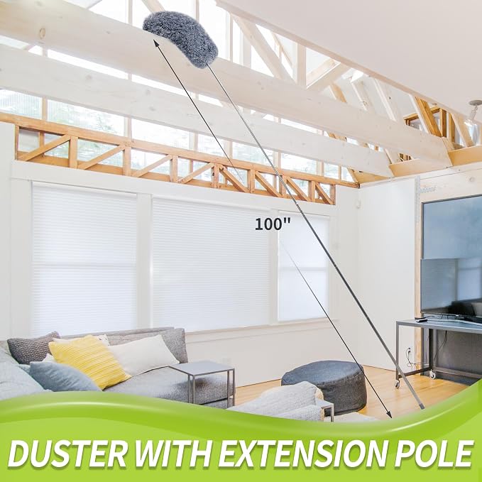 IVYROLL Duster with Extension Pole for Cleaning (2 Microfiber Heads Kit) | 100" Long Feather Duster for High Ceilings with Washable Head, Cleaning Supplies for Housekeeping, Ceiling Fan, Furniture