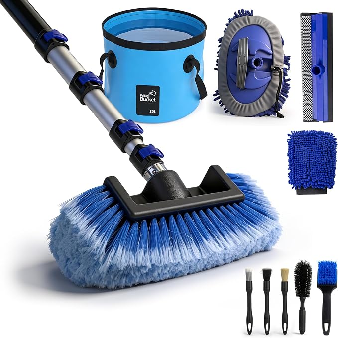 20FT Car Wash Brush with Long Handle - Car Cleaning Kit with 8 Attachments, 180° Rotating Mop, Foldable Bucket, Scratch-Free Soft & Hard Brushes for Cars, Trucks, SUV, RV, Home Windows & Siding