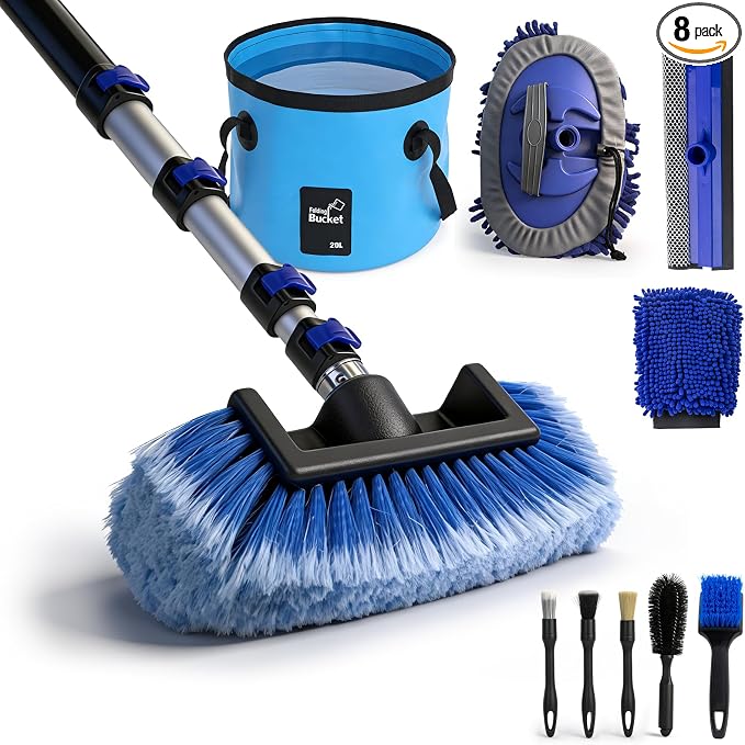 12FT Car Wash Brush with Long Handle - Car Cleaning Kit with 8 Attachments, 180° Rotating Mop, Foldable Bucket, Scratch-Free Soft & Hard Brushes for Cars, Trucks, SUV, RV, Home Windows & Siding