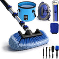 12FT Car Wash Brush with Long Handle - Car Cleaning Kit with 8 Attachments, 180° Rotating Mop, Foldable Bucket, Scratch-Free Soft & Hard Brushes for Cars, Trucks, SUV, RV, Home Windows & Siding