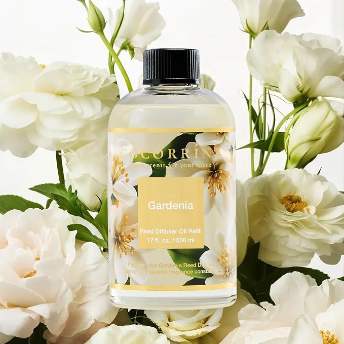 Reed Diffuser Refill Gardenia 17oz (500ml) with 8 Sticks - Premium Long-Lasting Scented Oil, Home Fragrance for Bedroom, Bathroom Home Decor