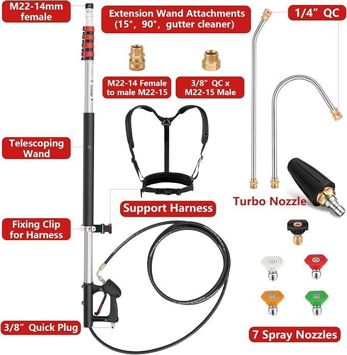 24 FT Gutter Cleaning Tools from The Ground - Telescoping Pressure Washer Wand - Gutter Cleaner Attachment with Power Washer Extension Wands, Brush, 7 Spray Nozzle Tips, 3 Hose Adapters, Support Belt
