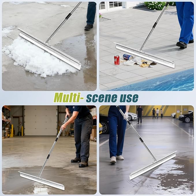 Heavy-Duty 33.4" Floor Squeegee for Concrete, Industrial Silicone Blade Squeegee for Floor with 63" Stainless Handle, Anti-Splash Curved Baffle Design for Garage, Factory, and Tough Cleaning Jobs