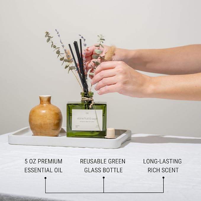 Craft & Kin Reed Diffuser with Dried Flowers | 5 oz Stone Fruit & Sage Scented Holiday Reed Diffusers for Home, Bathroom | Scent Sticks | Elegant Fragrance Home Decor for Men & Women