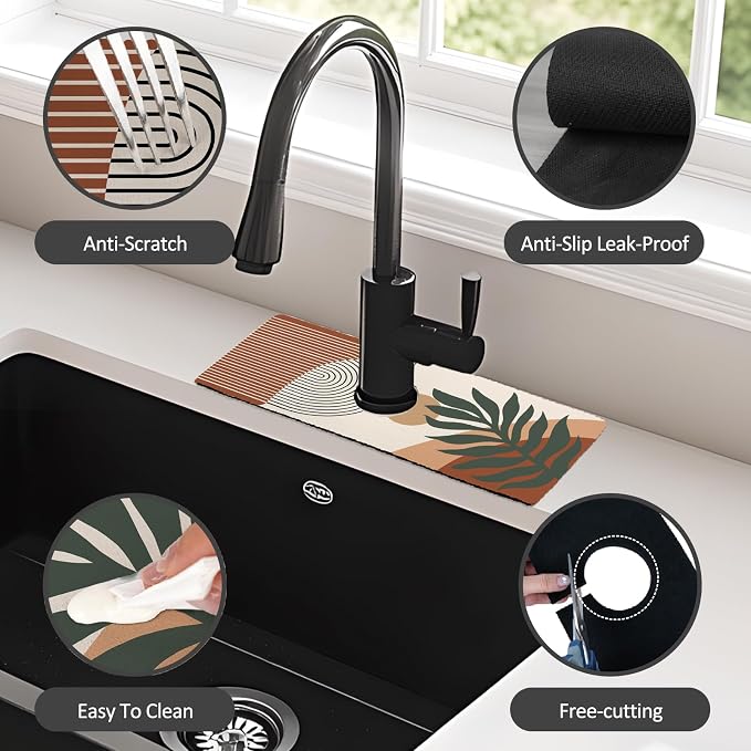 15" X 5.5" Kitchen Sink Splash Guard Faucet Mat Boho Super Absorbent Fast Drying Faucet Guard & Draining Mat Sink Splash Guard Behind Faucet for Kitchen, Bathroom