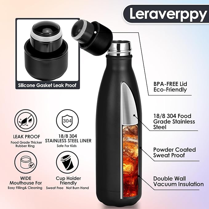 25oz Cola-Bottle Shaped Stainless Steel Leak-proof Water Bottle,Double Wall Vacuum Insulated Metal,Travel Mug For Sports Indoors & Outdoors,BPA-Free School Kids Flasks,Black(4 Pack）