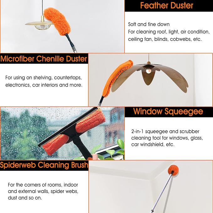 Buyplus 26FT Reach Dusting Kit, Long Duster with 5-20FT Extension Pole for High Ceilings, Cobweb Duster, Microfiber Duster, Window Squeegee, Extendable Duster Cleaning Kit