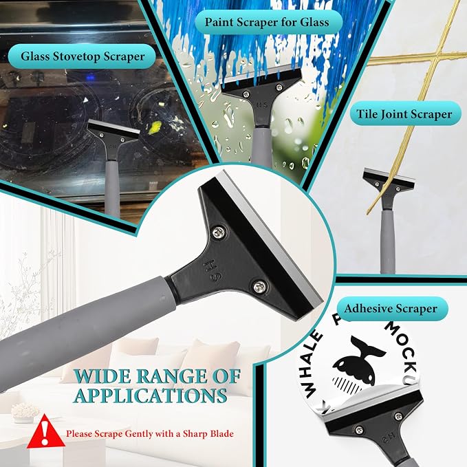 Floor Scraper Heavy Duty Long Handle,61in 4" Razor Blade Floor Scraper Adjustable with 10PCS Extra Metal Blades Paint Scraper for Cleaning Stickers Gum Glass Wall Tile Linoleum Stove Top
