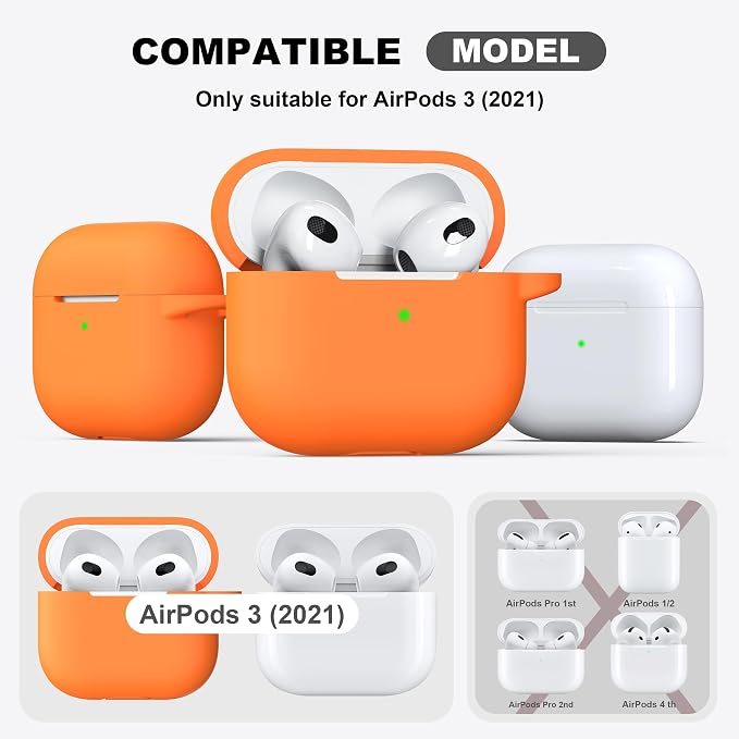 R-fun Compatible with AirPods 3 Case Cover, Silicone Protective Accessories Skin with Keychain Compatible with Apple AirPod 3rd Generation 2021 for Women Men Girls Boys,Front LED Visible,Orange