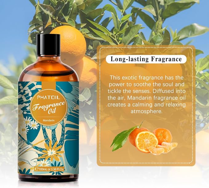 PHATOIL Mandarin Fragrance Oil for Diffuser Aromatherapy 3.38FL.OZ | Long Lasting Scented Oils For Humidifier, Air Freshener, DIY Soap Candle, Scent Project Making, Aroma Oil for Home Freshening