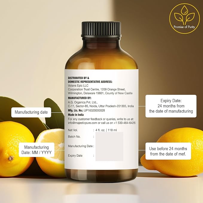 Majestic Pure Lemon Essential Oil for Diffuser - 4 Fl Oz | 100% Pure & Natural Ideal for diffuser use, aromatherapy, massage, soap making, candle making home fragrance
