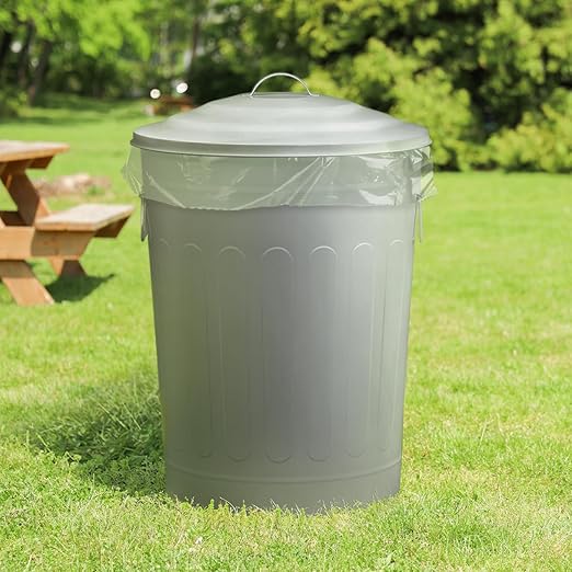Plexon Round Trash Can 13 Gallon, Vintage Metal Outdoor Trash Can with Lid, Retro Farmhouse Garbage Container, Old School Modern Ash Bucket, Gray 2 Pack
