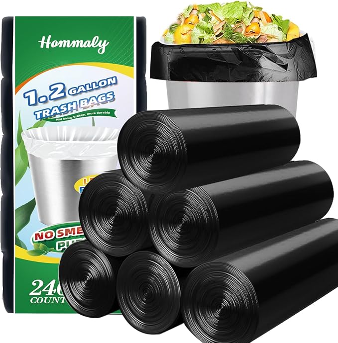 Hommaly 1.2 Gallon 240 pcs Small Black Trash Bags, Strong Garbage Bags, Bathroom Trash Can Bin Liners Unscented, Mini Plastic Bags for Office, Waste Basket Liner, Fit 4.5,5,6 Liters, 0.5,0.8,1,1.2 Gal