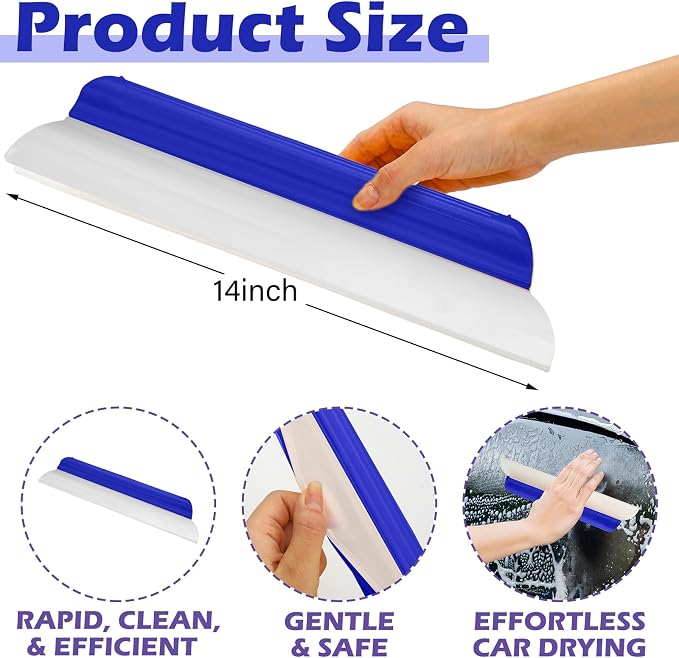 2 Pack 14 Inch Car Drying Squeegee Blue Silicone Window Blade | Flexible Silicone for Drying Windshield Shower Glass, Bathroom Window Cleaner, T-bar Design, Long Handle Wash Tool