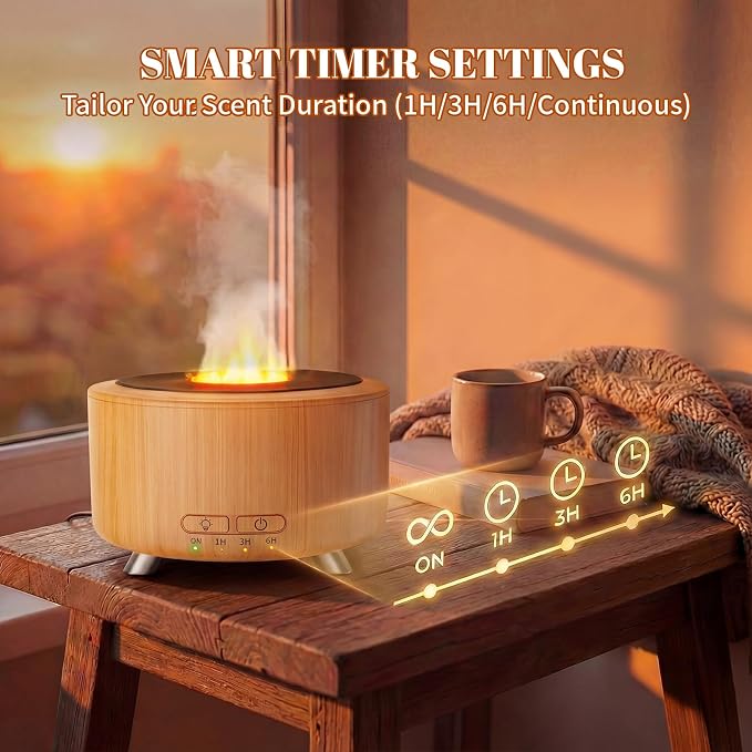 500ML Retro Vinyl Essential Oil Diffuser for Home | 3D flame effect & 9 colors. 500ml tank lasts 14H for deep sleep. BPA-free with auto-off ensures safety for babies and pets.
