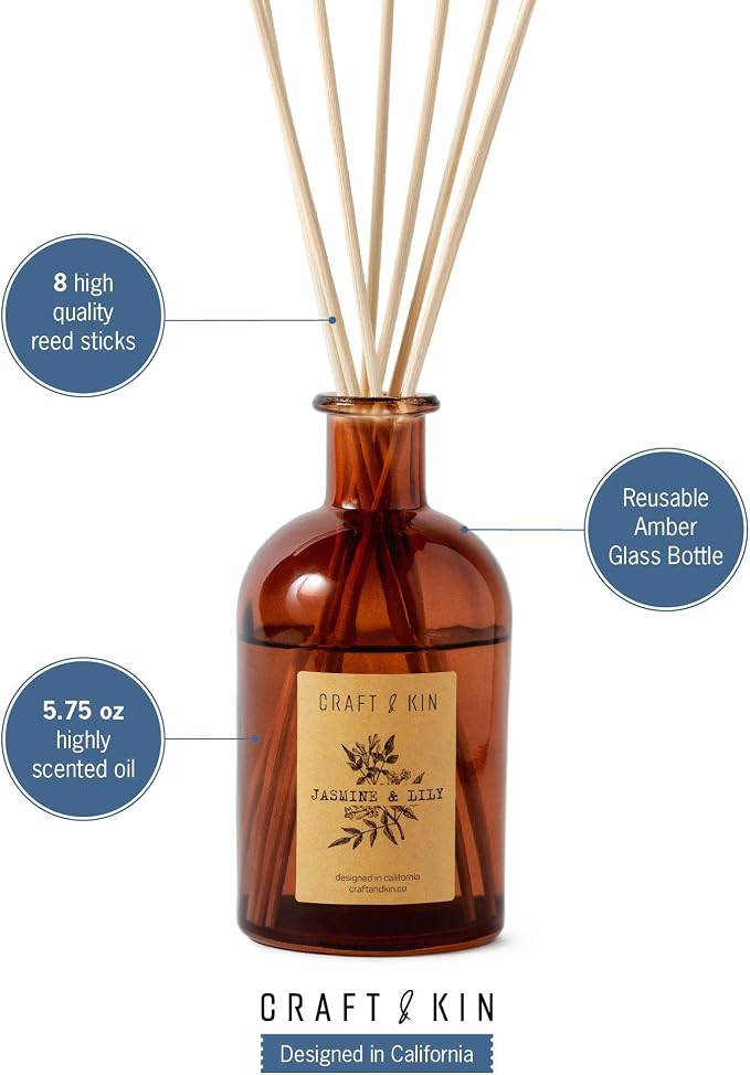 Craft & Kin Lily & Jasmine Reed Diffuser – 5.75 oz Essential Oil Diffuser for Home & Bathroom – Up to 120-Day Fragrance with 8 Rattan Scent Sticks – Amber Glass Room Decor