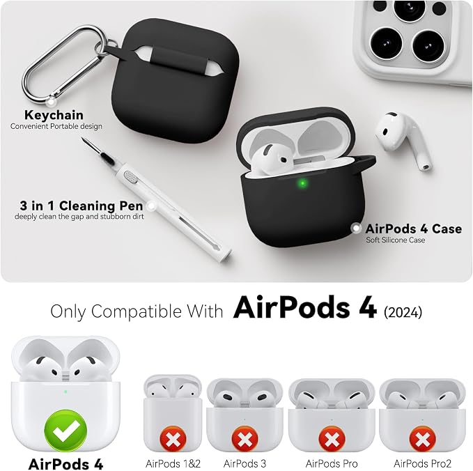 for AirPods 4 Case 2024 with Cleaner Kit & Keychain-Black | Silicone Protective Cover for Apple AirPods 4th Generation Case,for Women Men,One-Piece Design,Shockproof,Dust Proof