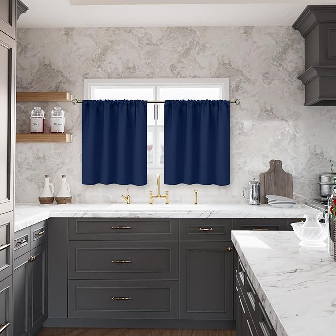 BGment Navy Blue Blackout Curtains 40 Inches Length for Kitchen Window - Short Thermal Insulated Drapes with Rod Pocket Privacy for Cafe Front Door Bathroom, 2 Panels, 34 x 40 Inch